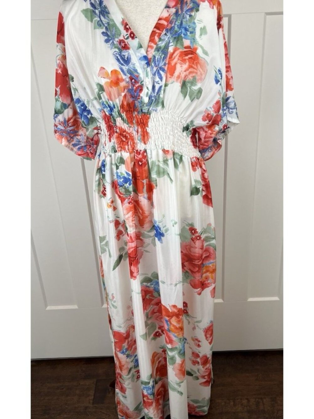 Karyn Seo Silk Blend Floral Embroidered Maxi Dress L India Boho Smocked Waist
